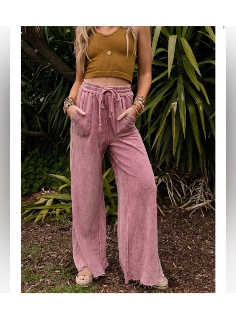 Three Bird Nest Wide Leg Drawstring Pants in Dusty Rose